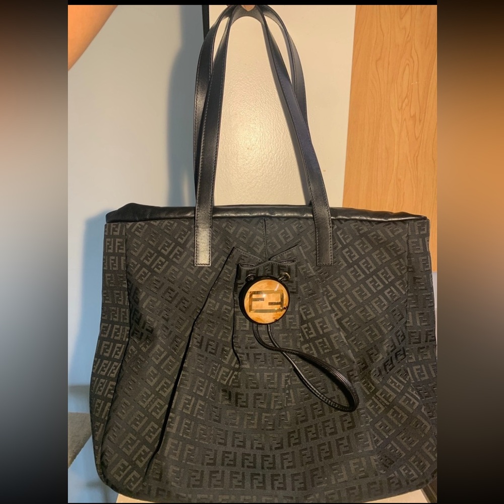 Fendi Front Drawstring Tote Bag Zucchino Canvas